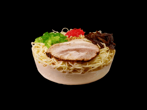 RAIJIN's Hakata Tonkotsu Frozen Ramen with pork slices, green onions, and toppings on a black background