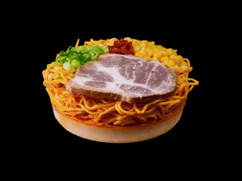 RAIJIN's Spicy Tonkotsu Frozen Ramen with pork slice, vegetables, and spices on a black background