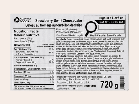 Strawberry Swirl Cheesecake packaging with nutrition facts and ingredient list.