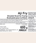 Aji Fry 600g package label showing nutritional facts and ingredients for breaded horse mackerel, product of China.