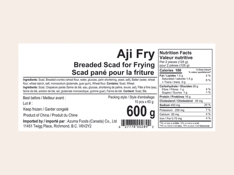 Aji Fry 600g package label showing nutritional facts and ingredients for breaded horse mackerel, product of China.