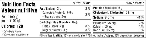 Nutrition facts label for RAIJIN's Spicy Tonkotsu Frozen Ramen, including calories, fat, sodium, carbohydrates, and protein details.